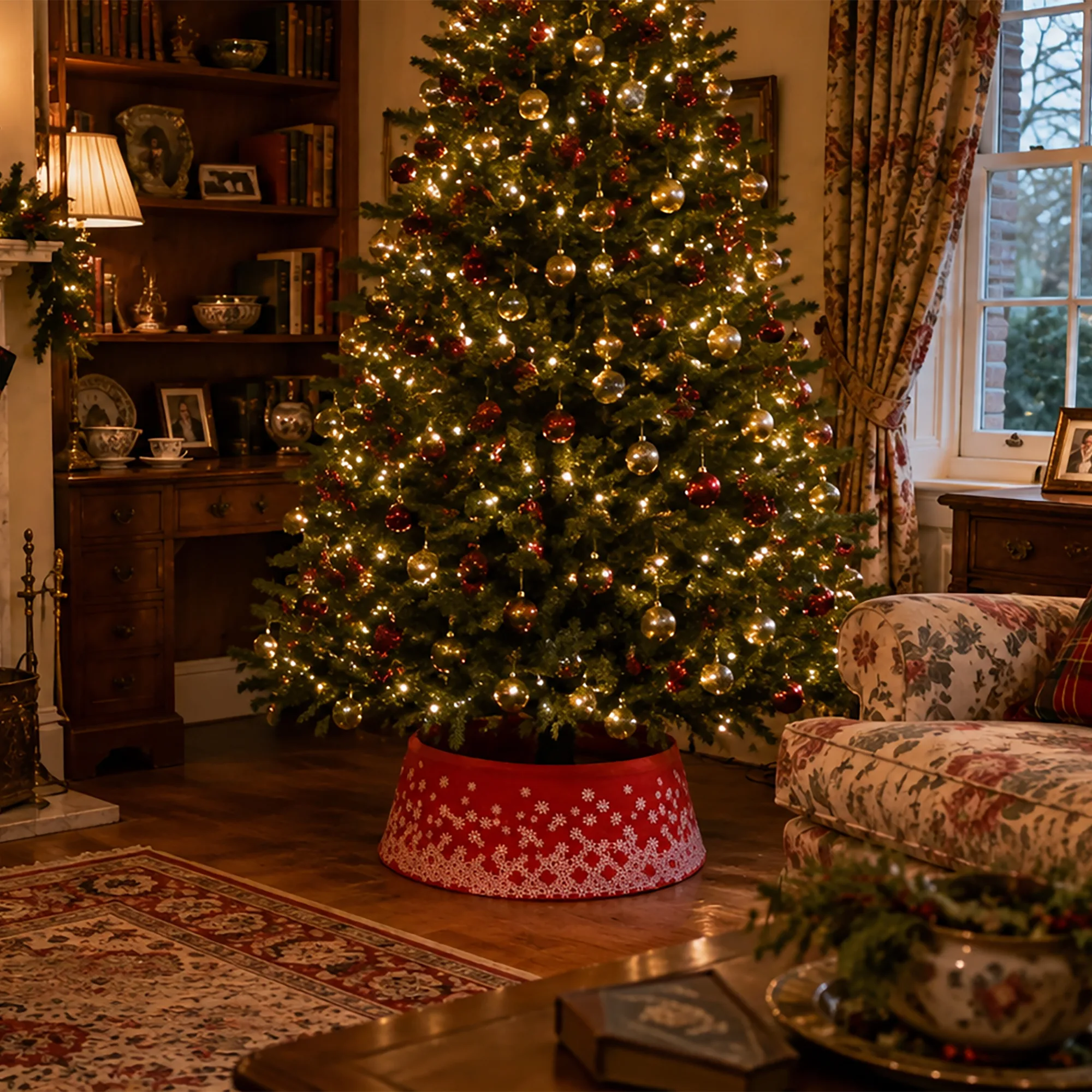 A snowy garden terrace decorated with a lit Christmas tree, lanterns and a wreath.