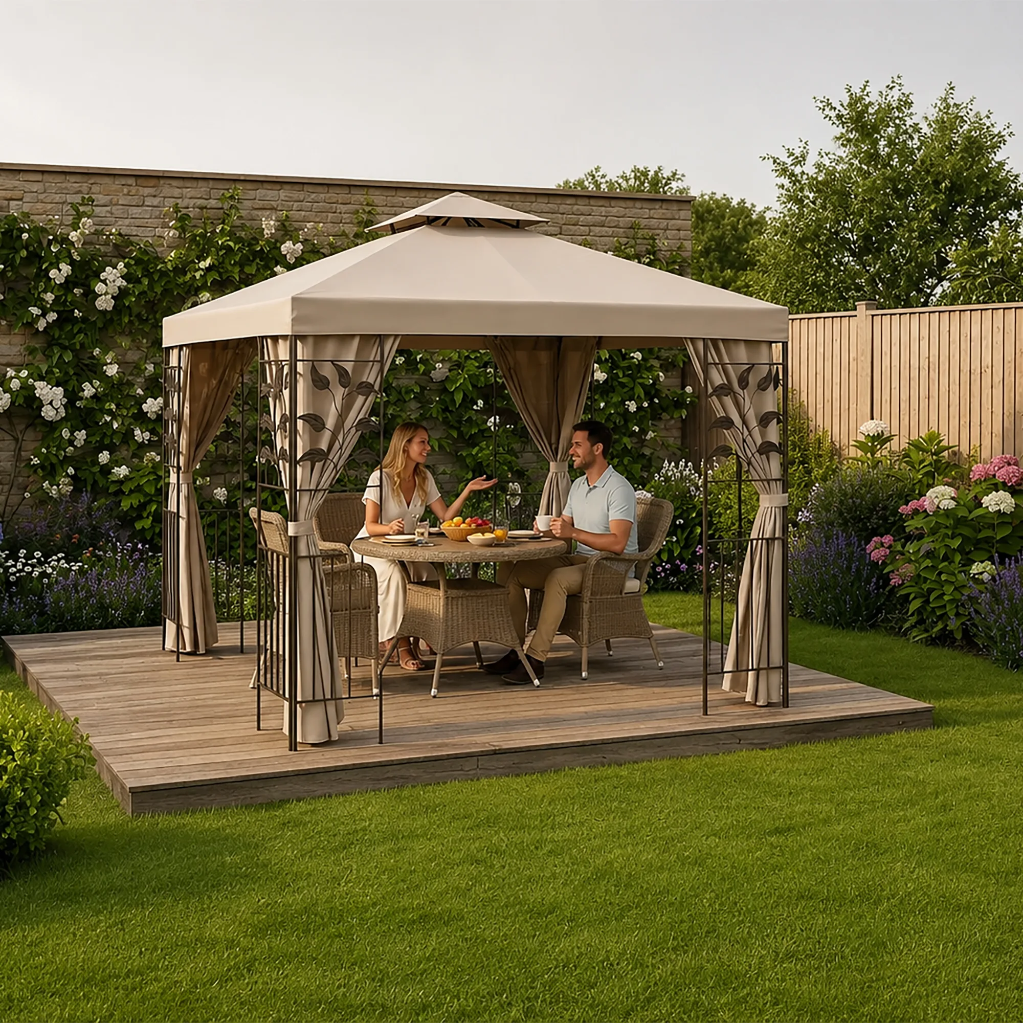 Garden Marketplace Gazebo Replacement Canopy, Spare Roof Cover for 2.5m Square Leaf Design Gazebo, Fade-Resistant 180g Polyester, Wind Vent, Velcro Fastening Tabs, Beige