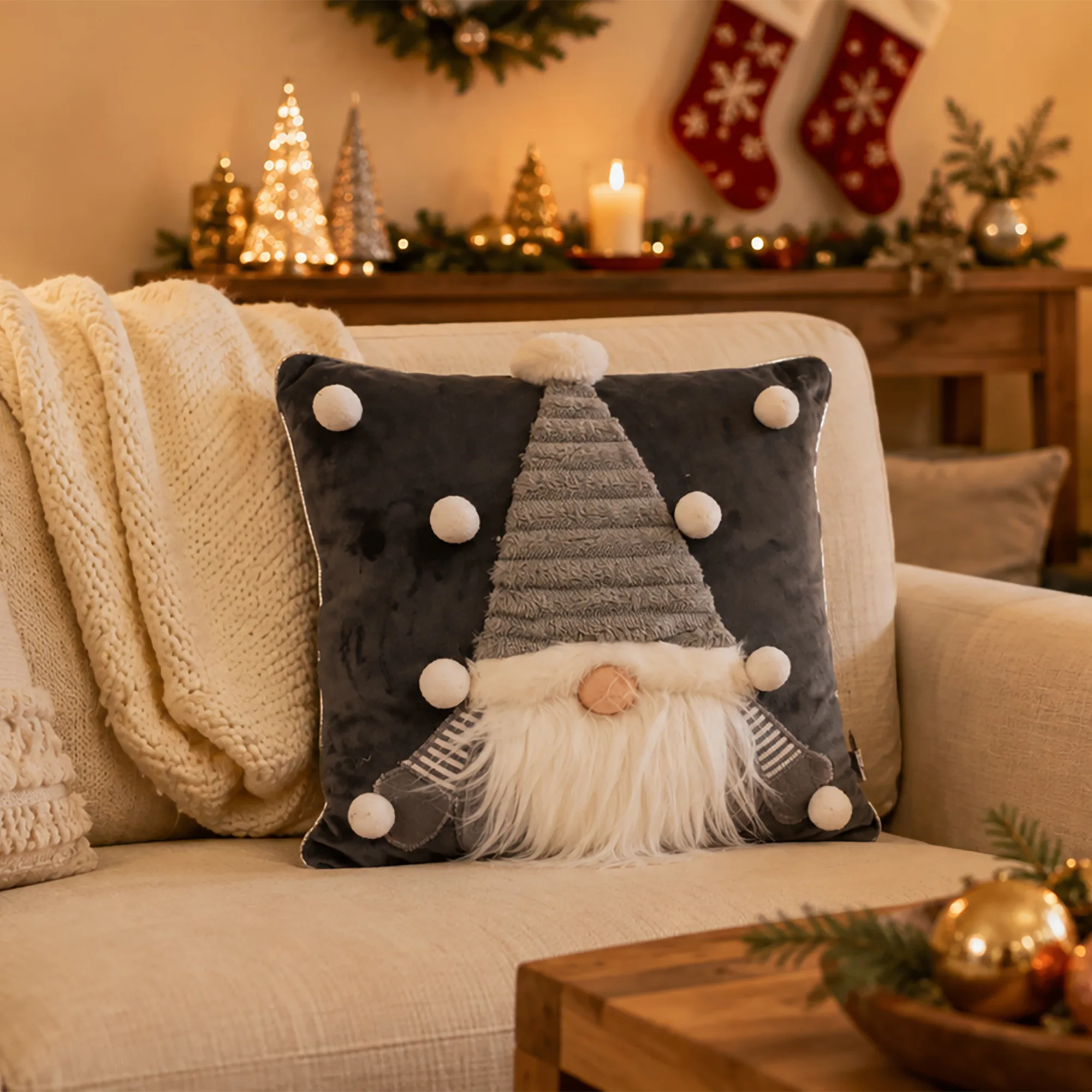 Christmas Cushion With Grey Gonk Design 33cms x 33cms