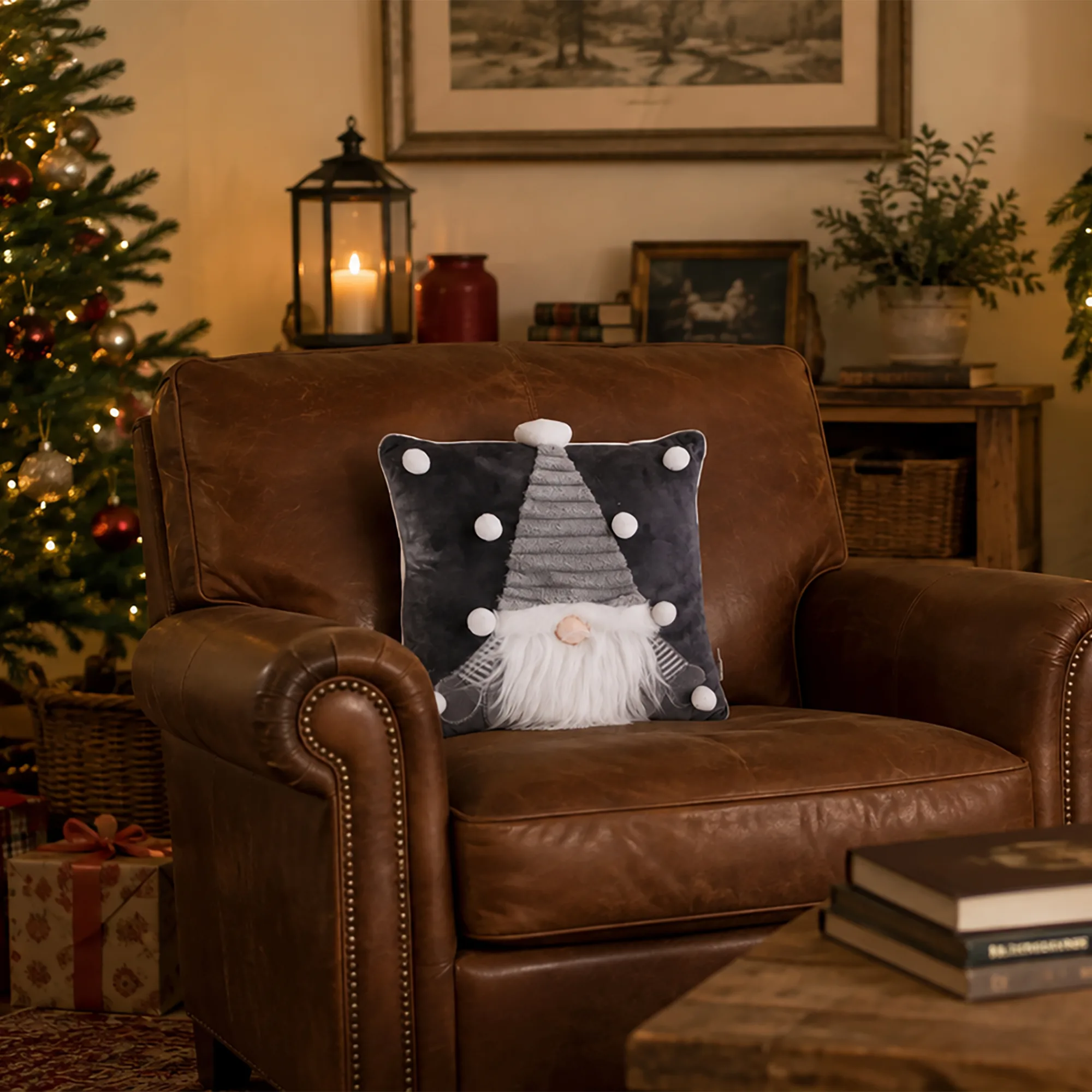 Christmas Cushion With Grey Gonk Design 33cms x 33cms