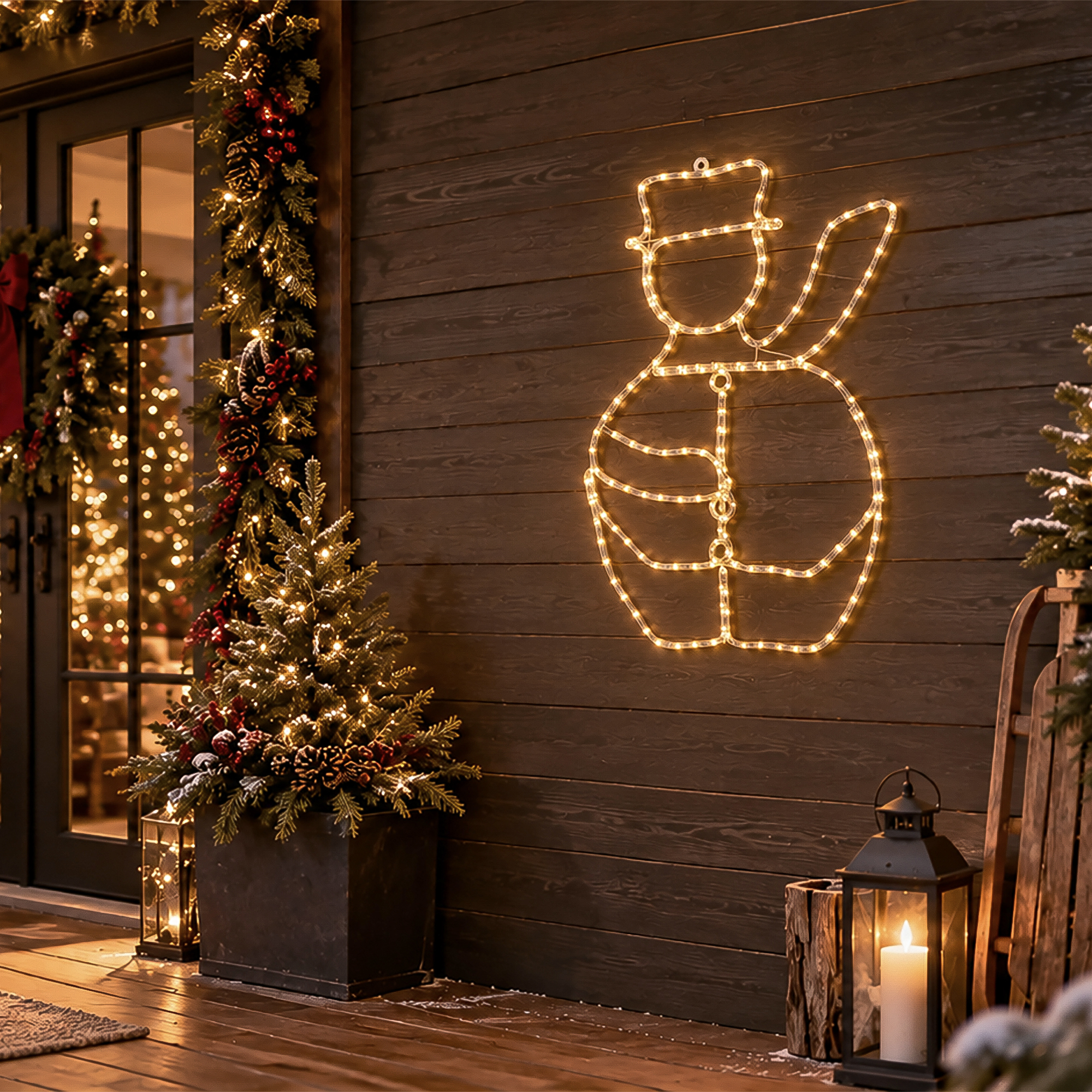 Warm string lights above a snowy garden.