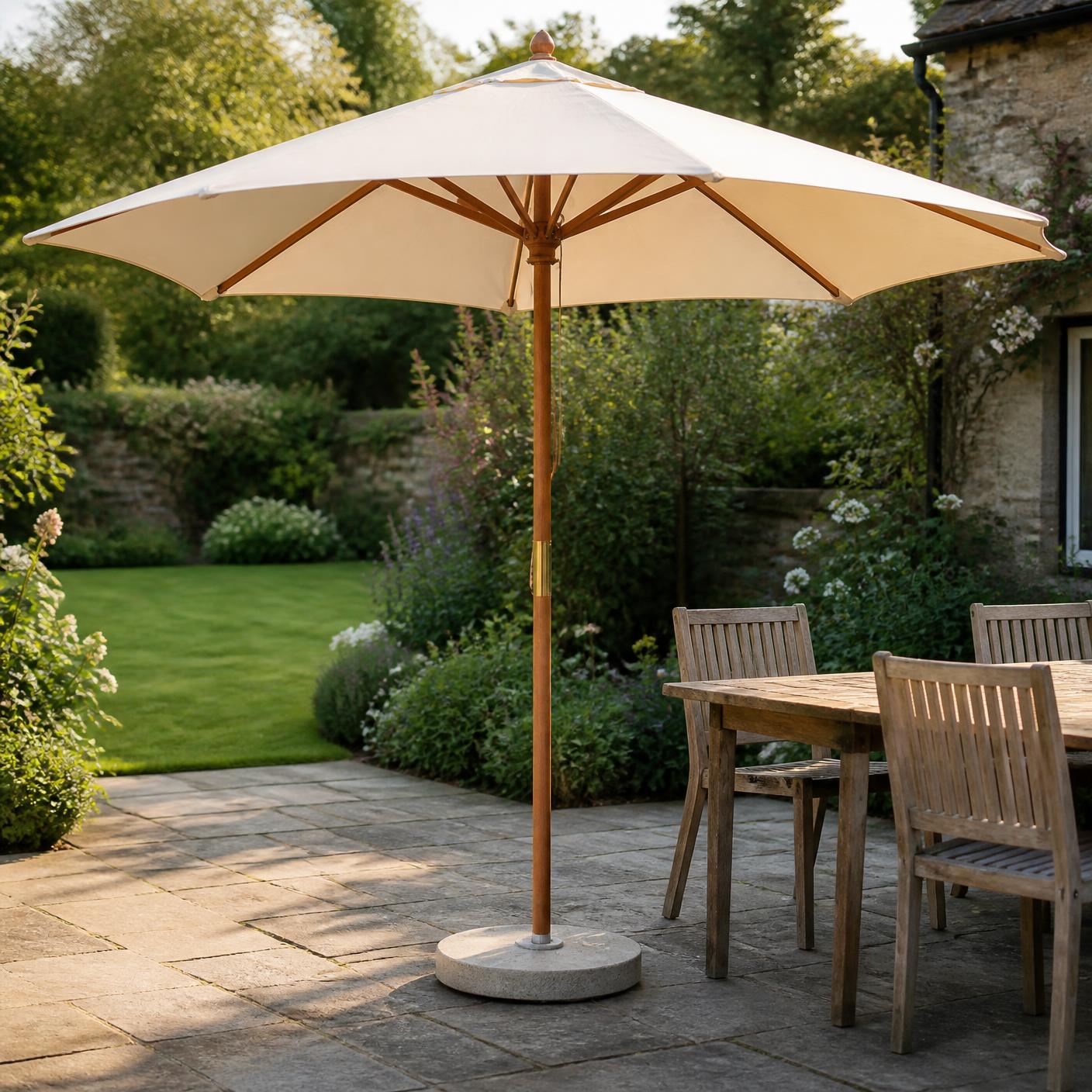 Natural oatmeal garden parasol open above a stone patio