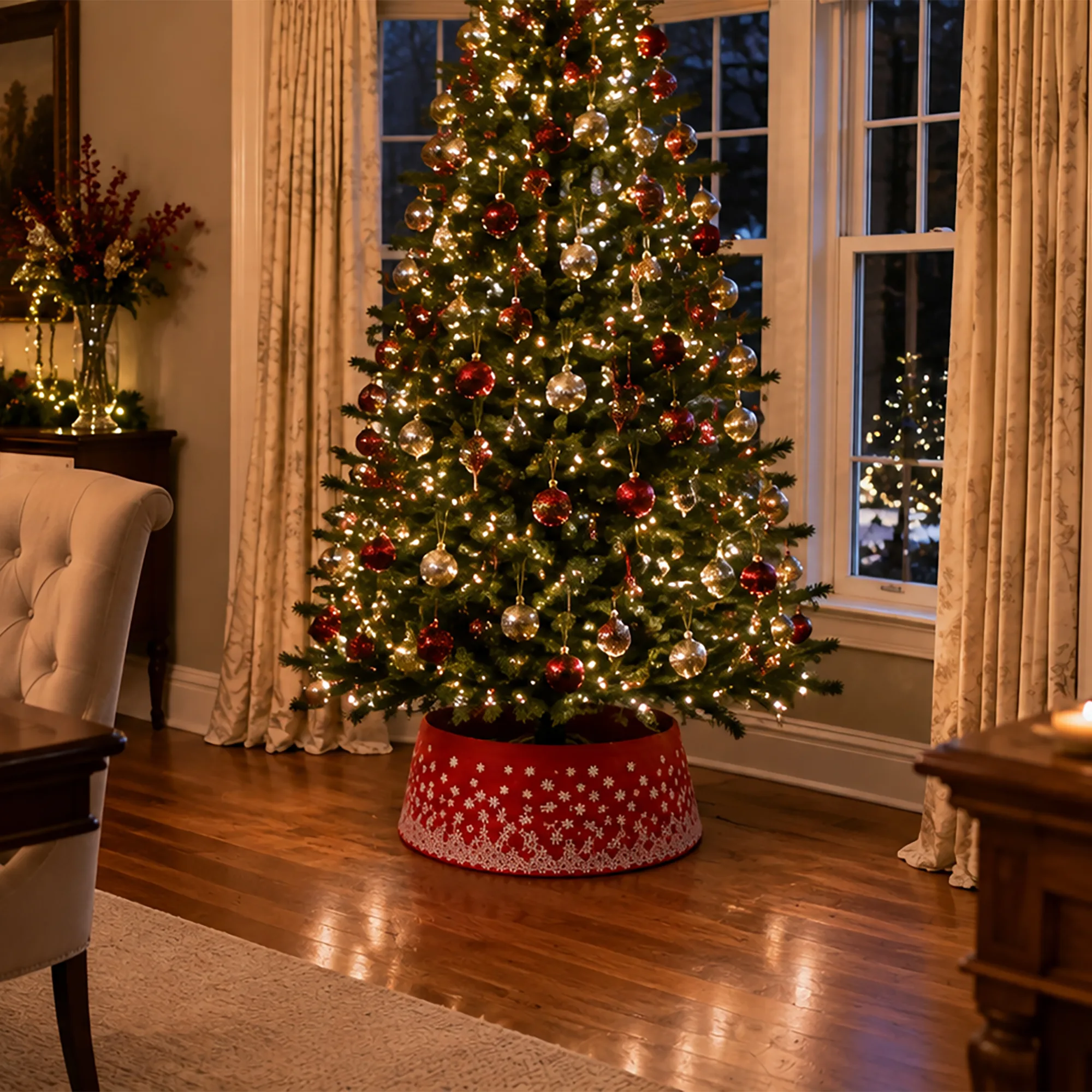 A frosted Christmas tree lit with warm fairy lights.