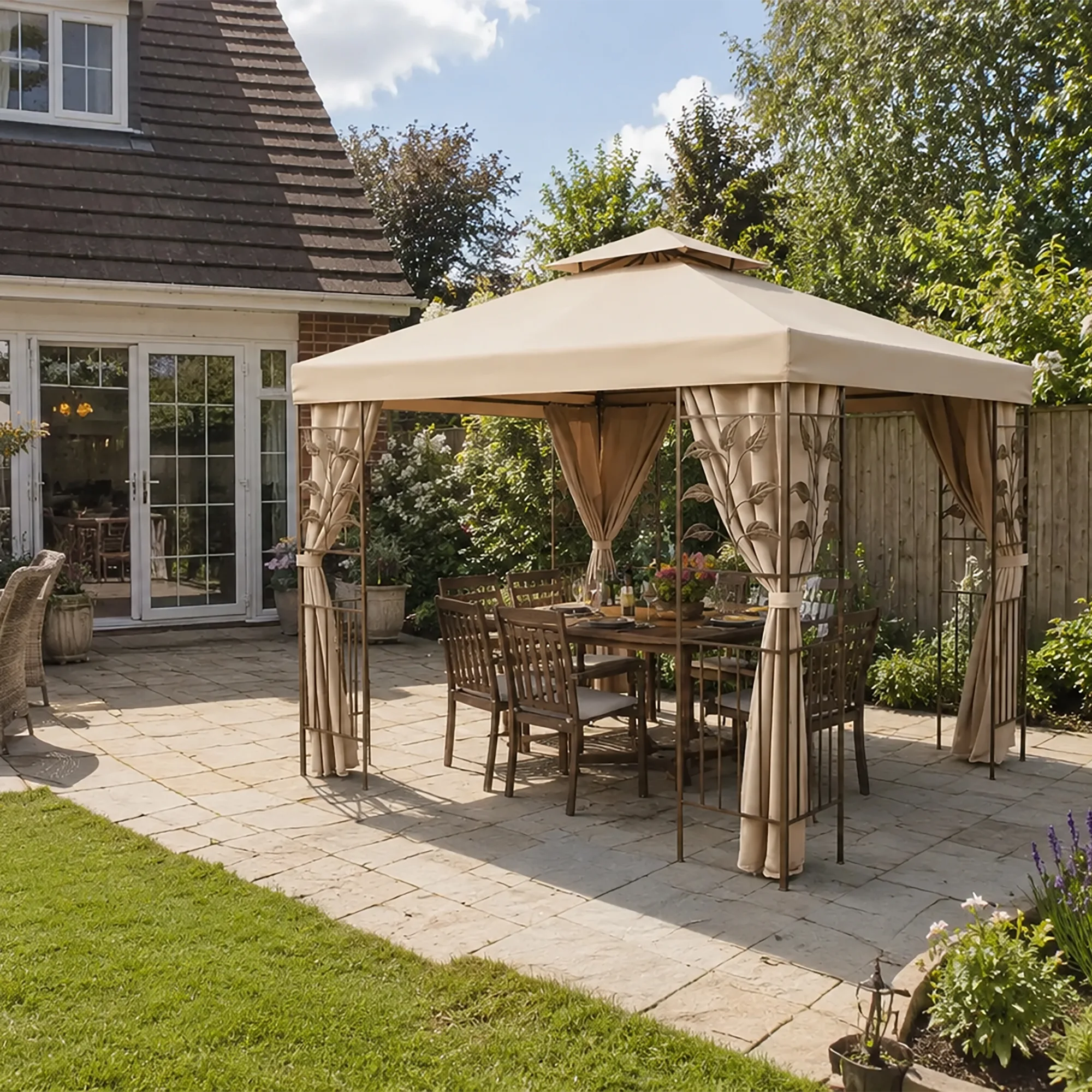 Garden Marketplace Gazebo Replacement Canopy, Spare Roof Cover for 2.5m Square Leaf Design Gazebo, Fade-Resistant 180g Polyester, Wind Vent, Velcro Fastening Tabs, Beige