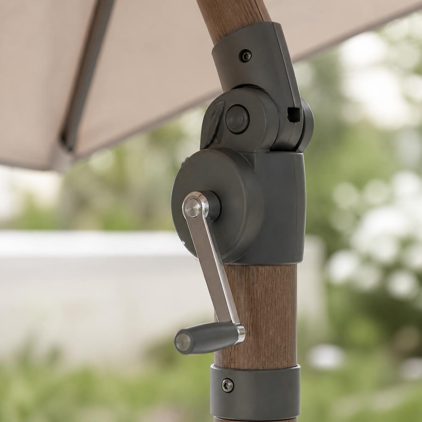 Close-up of the parasol crank handle and tilt mechanism