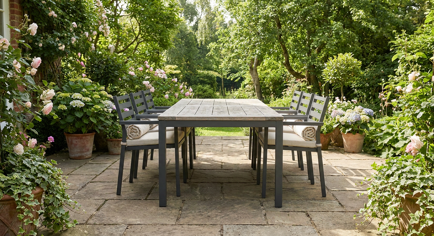Outdoor dining chairs tucked neatly beneath a table on a garden terrace
