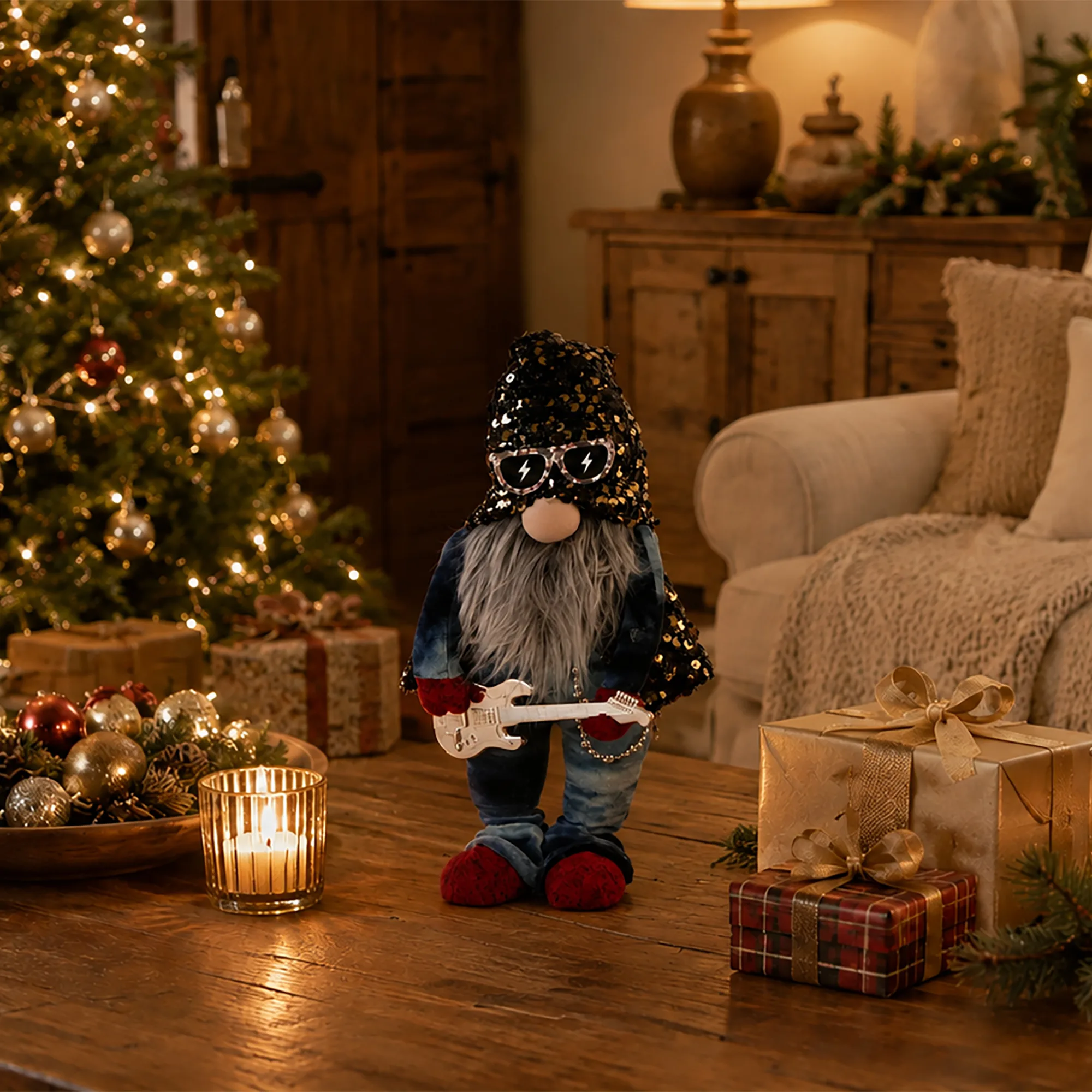 Christmas Standing Rock Gonk Figure Playing The Guitar - 37cms Tall
