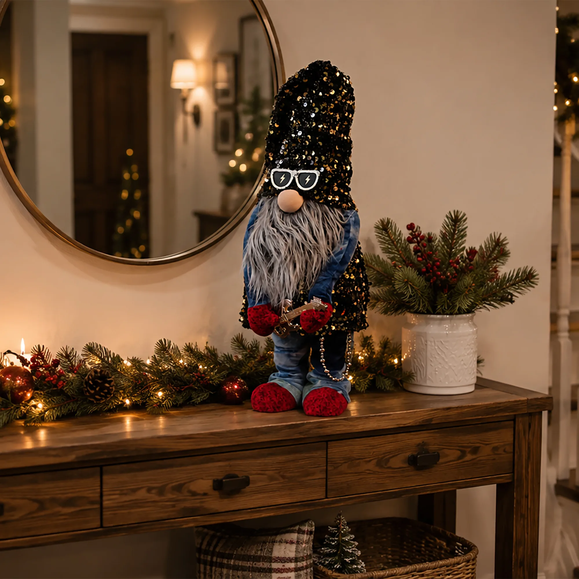 Large Christmas Standing Rock Gonk Figure Playing The Guitar - 62cms Tall