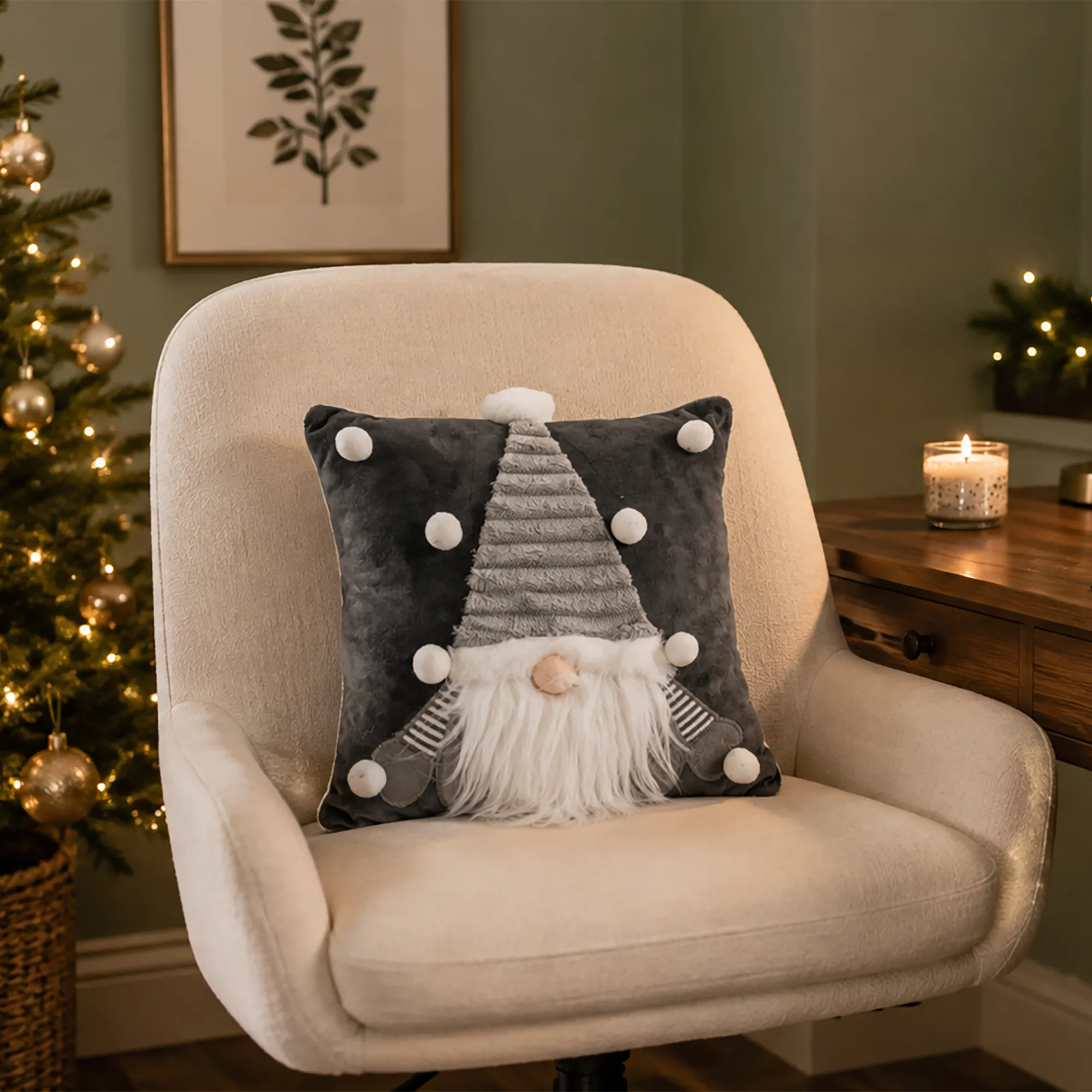 Christmas Cushion With Grey Gonk Design 33cms x 33cms
