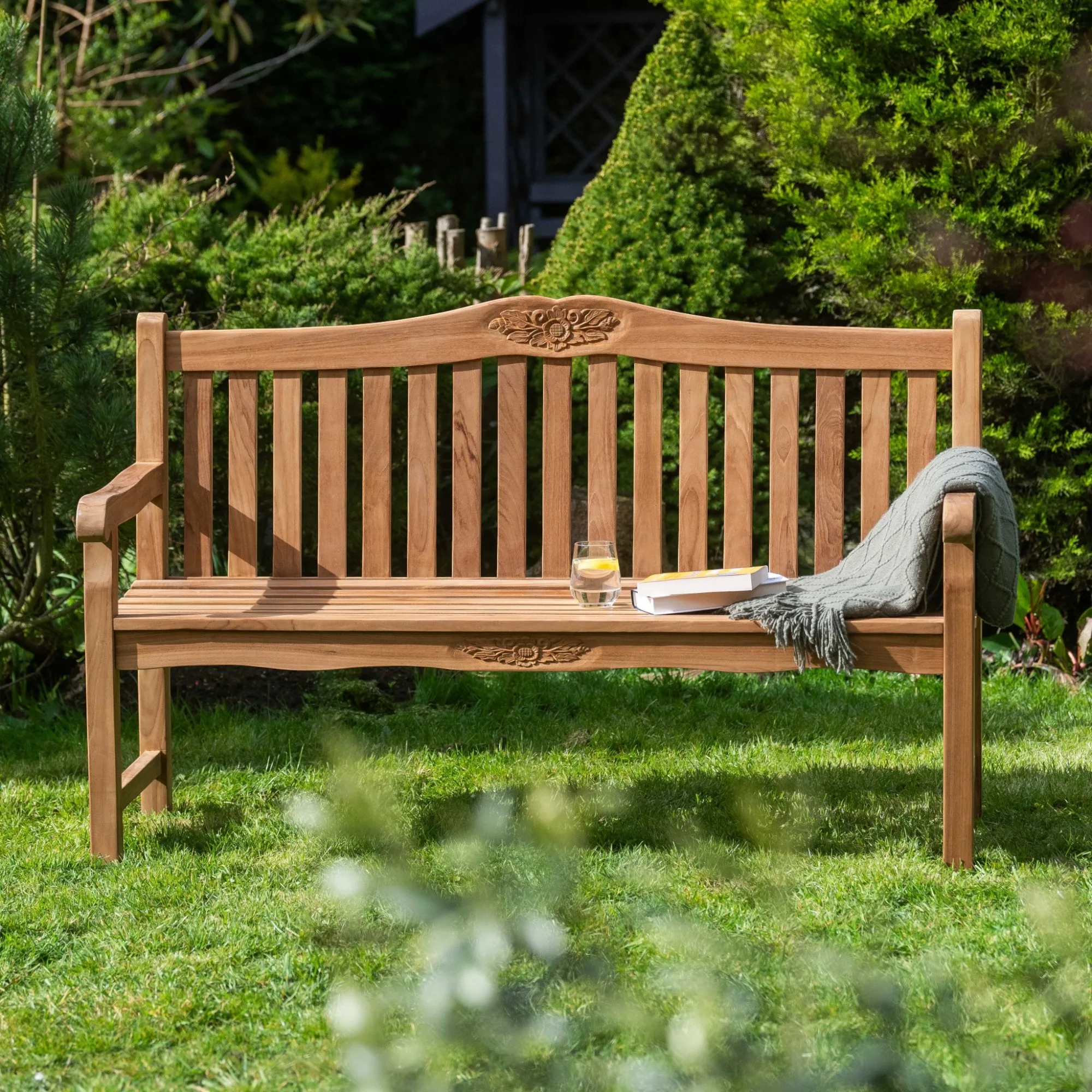 Rear view of the bench showing the shaped back rail