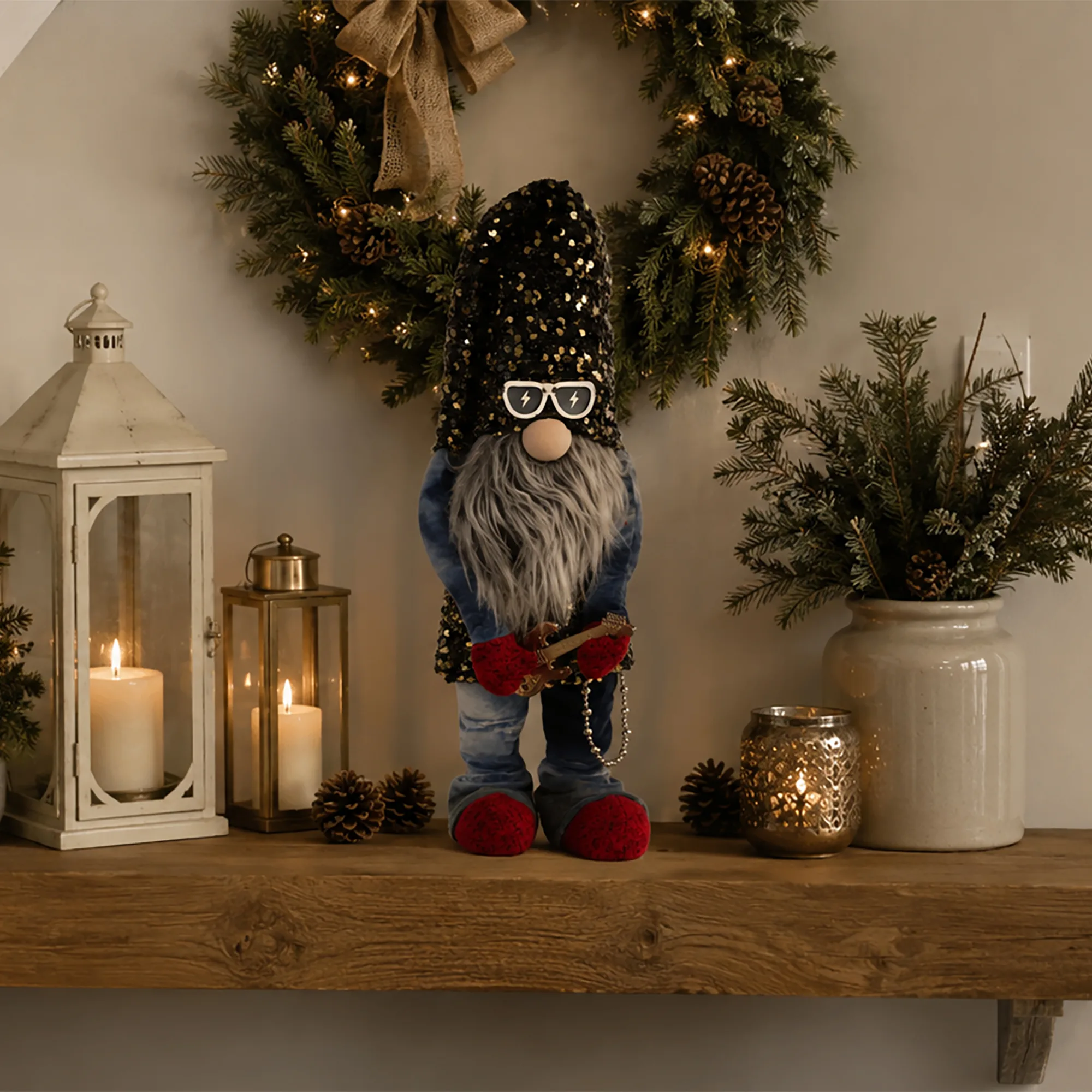 Large Christmas Standing Rock Gonk Figure Playing The Guitar - 62cms Tall