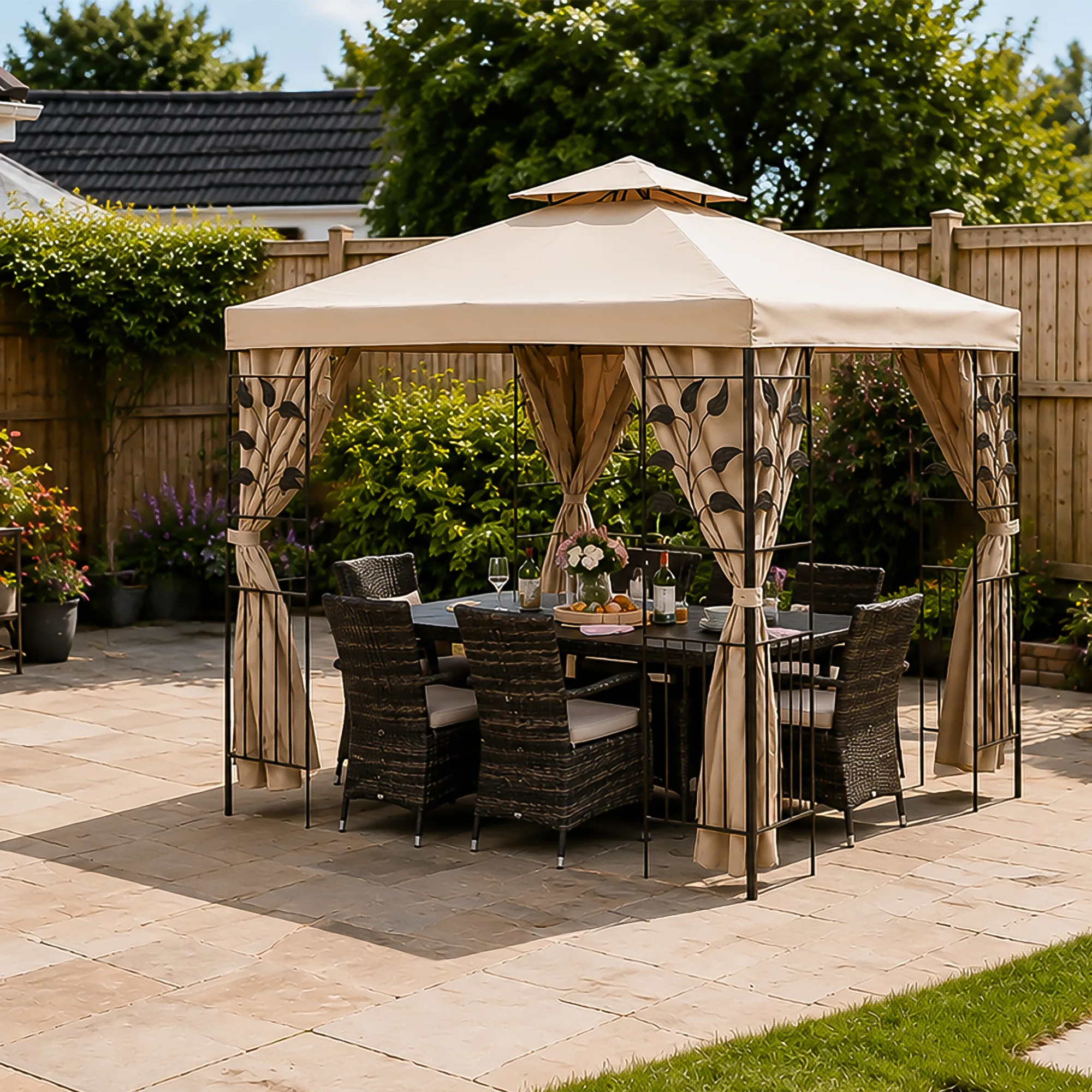 Garden Marketplace Gazebo Replacement Canopy, Spare Roof Cover for 2.5m Square Leaf Design Gazebo, Fade-Resistant 180g Polyester, Wind Vent, Velcro Fastening Tabs, Beige