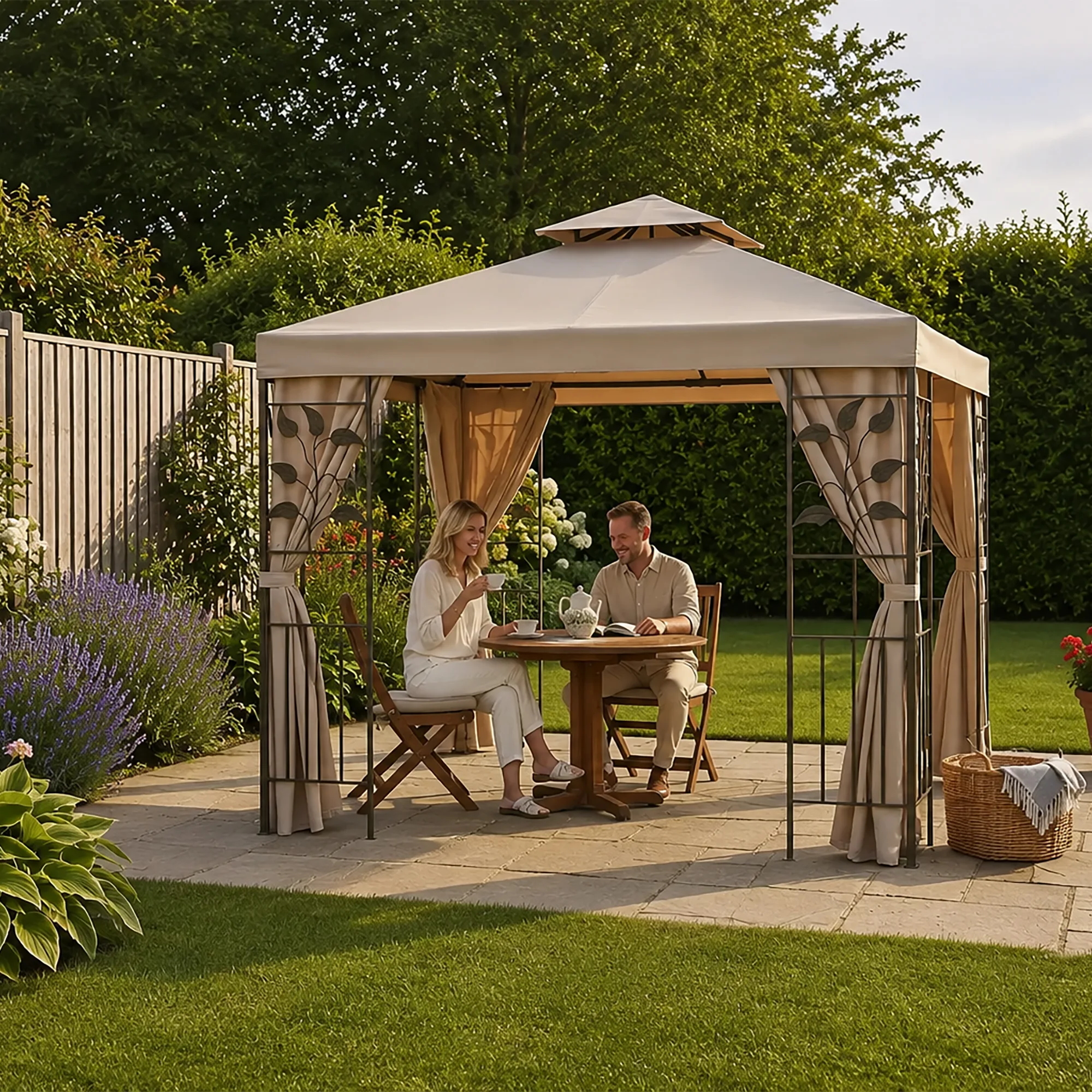 Garden Marketplace Gazebo Replacement Canopy, Spare Roof Cover for 2.5m Square Leaf Design Gazebo, Fade-Resistant 180g Polyester, Wind Vent, Velcro Fastening Tabs, Beige