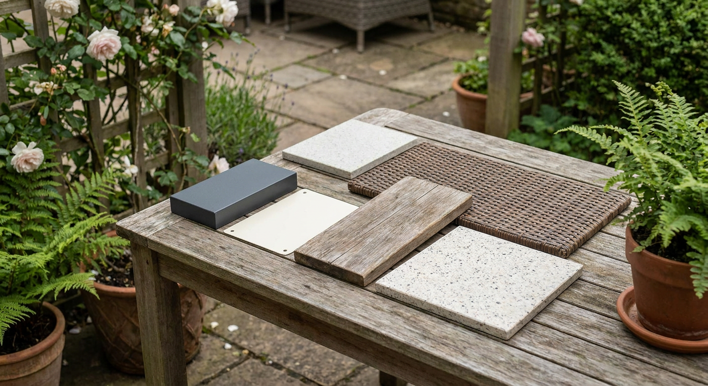 Samples of metal, hardwood, synthetic rattan and composite outdoor furniture materials