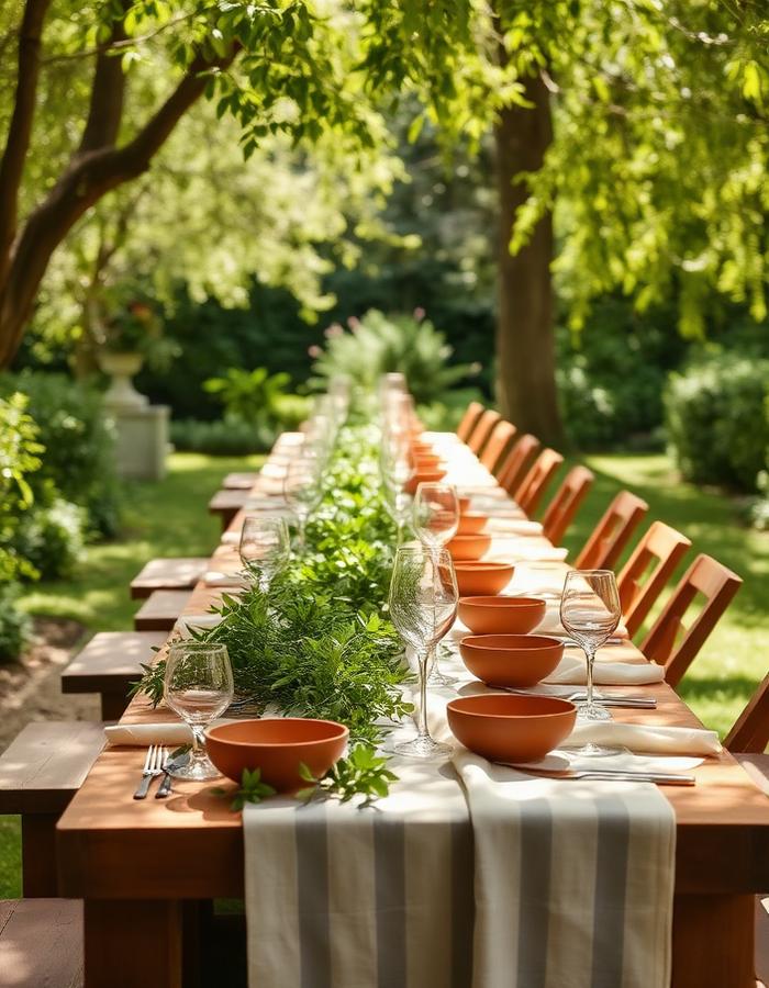 A long garden dining table laid for a lunch with linen napkins.