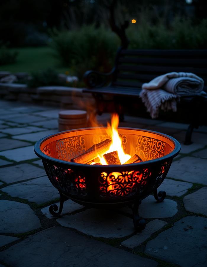 A cast-iron fire pit glowing on a stone patio at dusk.