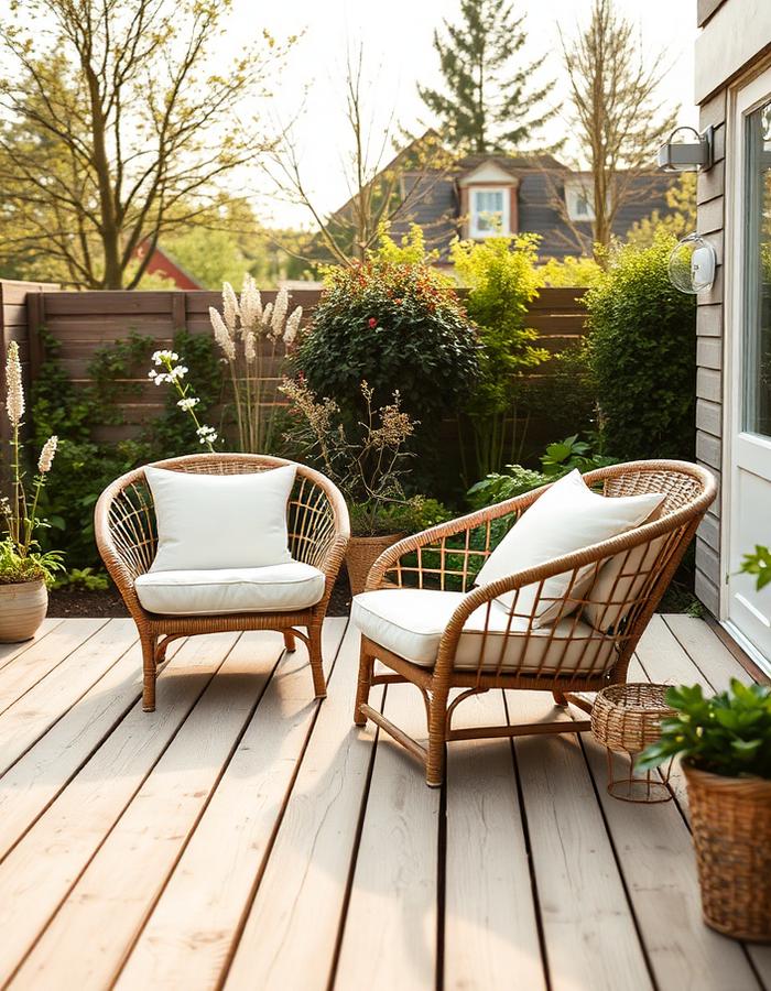 A pair of low outdoor lounge chairs on weathered decking.