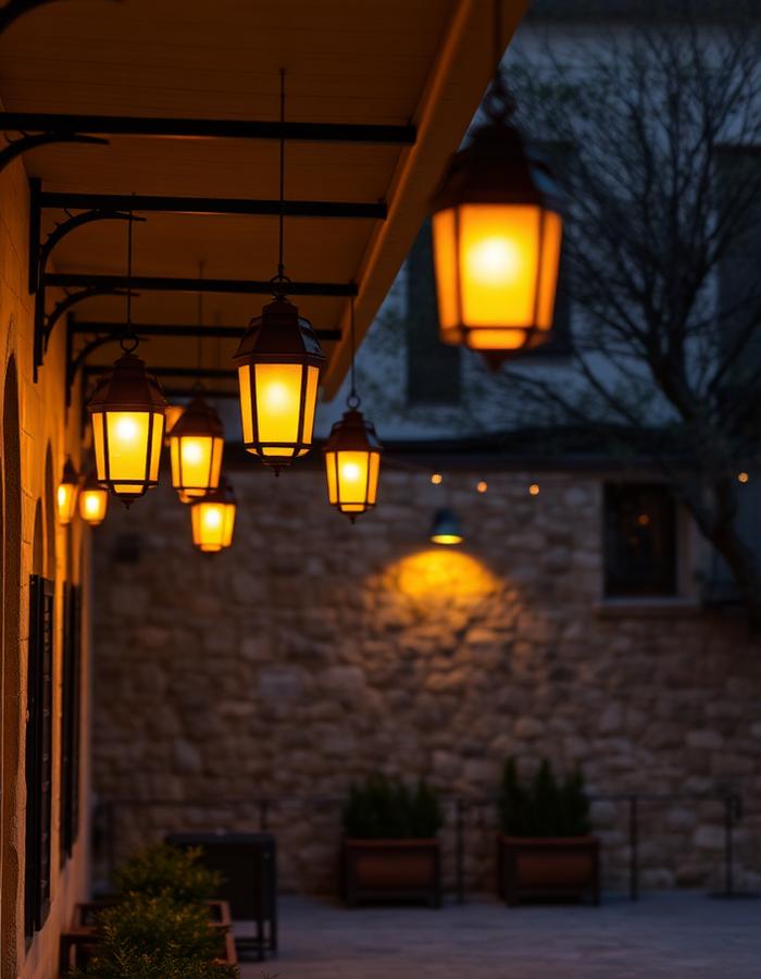 A row of warm outdoor pendant lights above a courtyard.