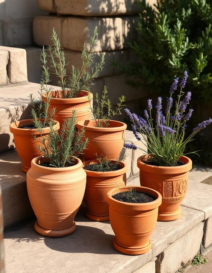 Terracotta planters with olive and rosemary on a stone step.