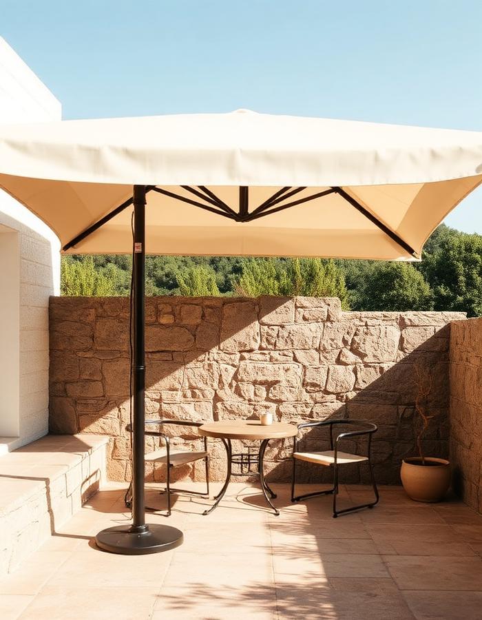 A cream canvas parasol shading a small terrace.