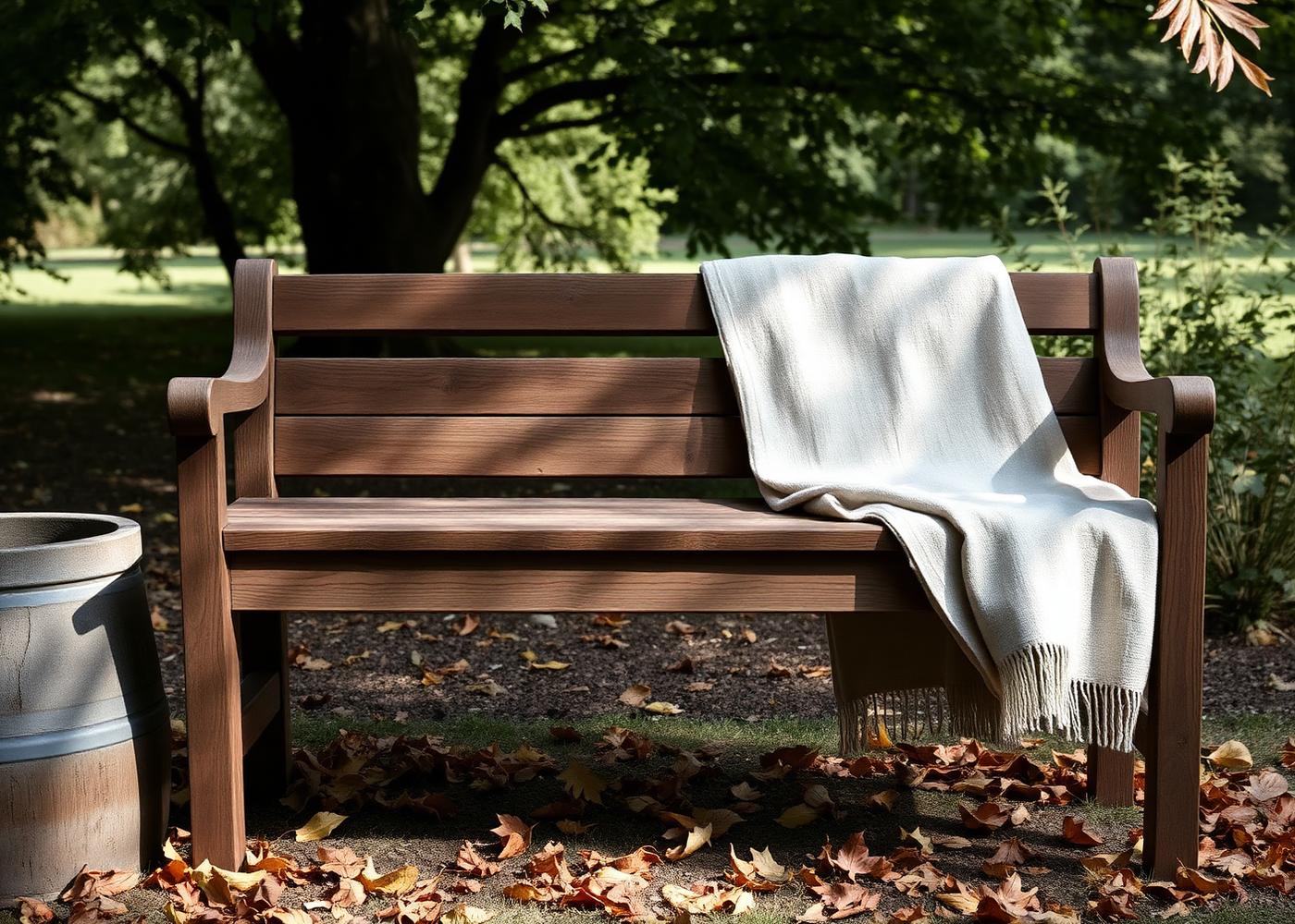 A weathered oak bench with a folded linen throw, photographed in low September light.