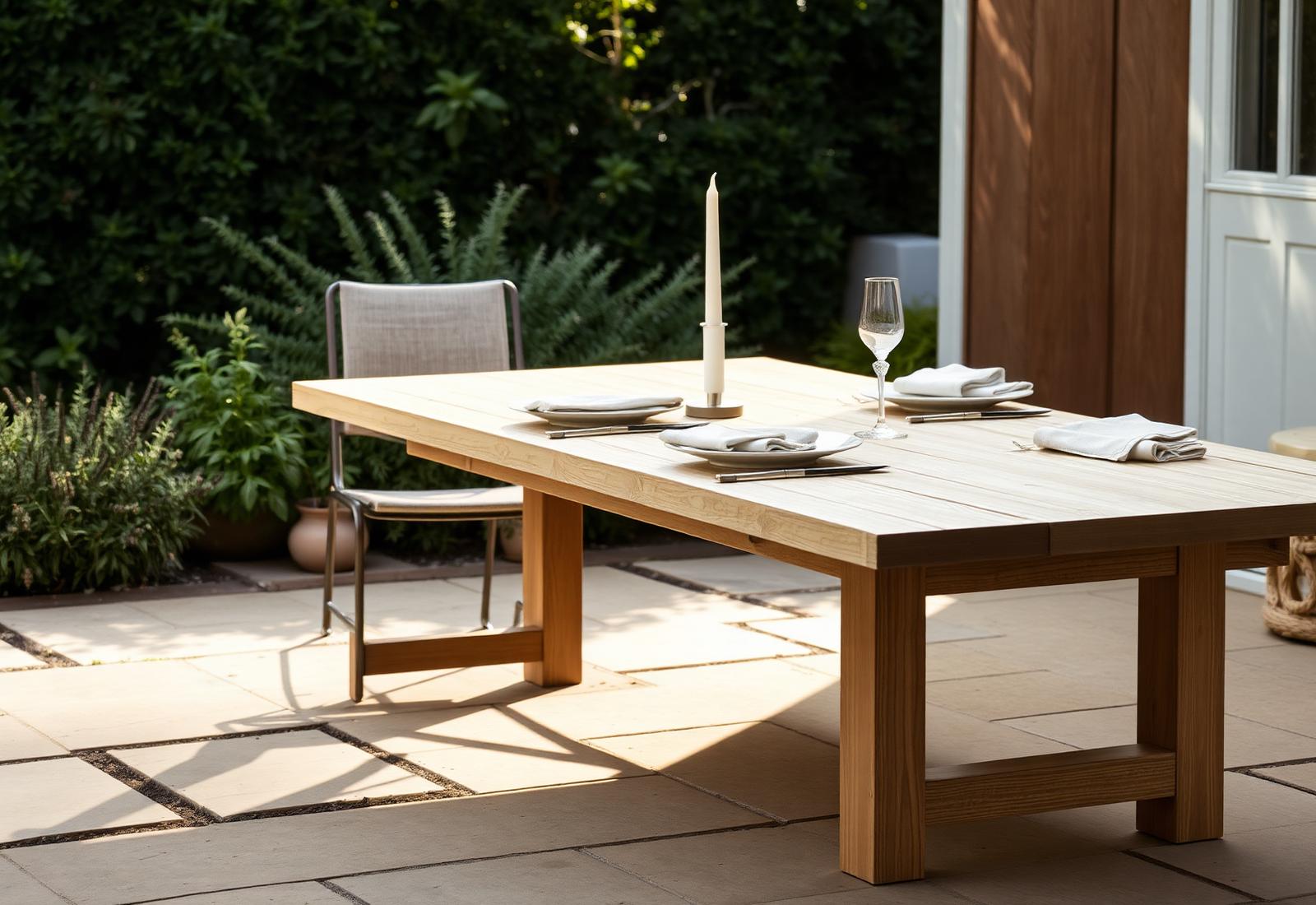 A low oak dining table on a stone patio in late-afternoon light, with linen napkins and a single lit candle.