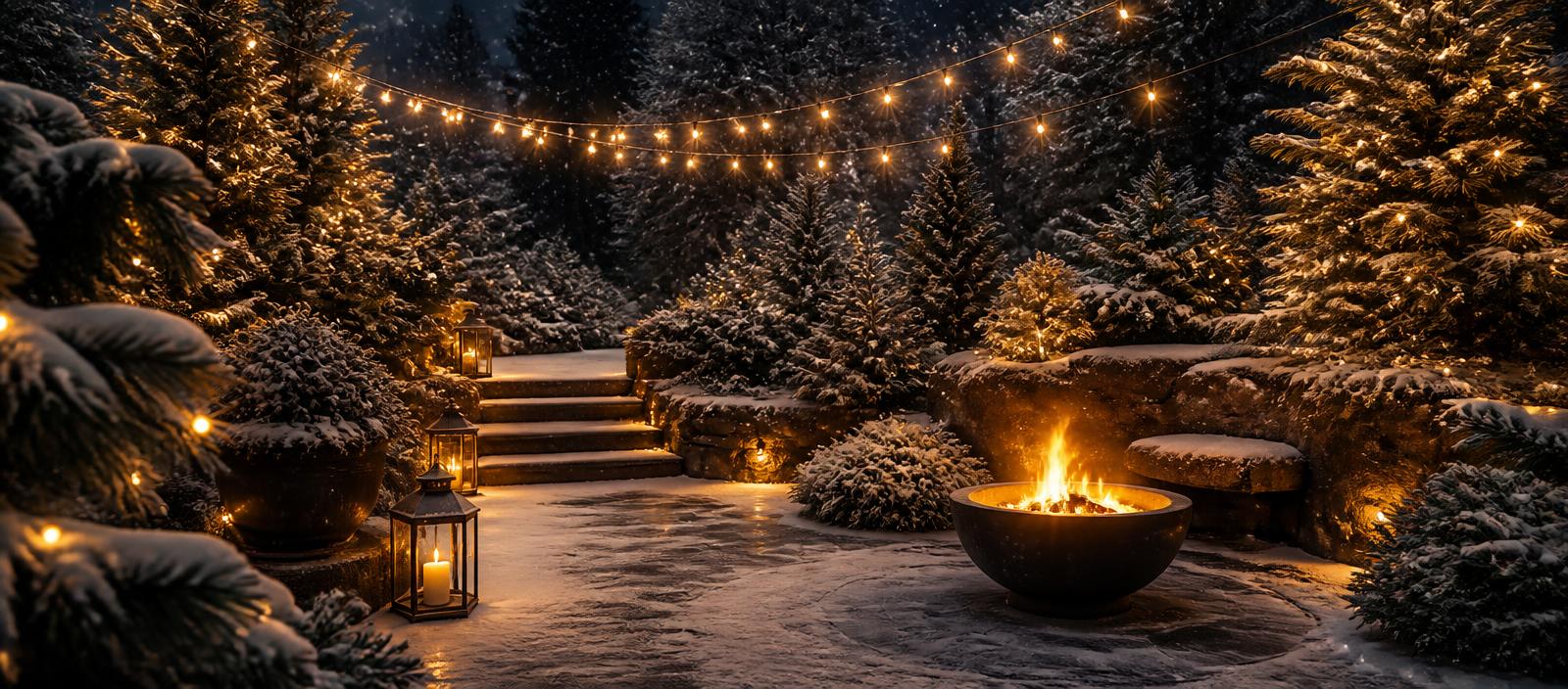 A snowy garden at night lit with string lights, lanterns and a fire bowl.