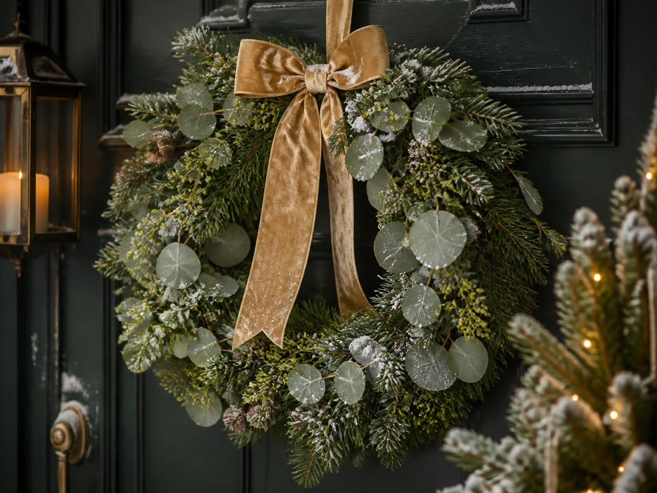 A eucalyptus and pine wreath tied with a gold ribbon on a dark green door.